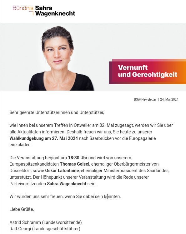 #SKK20240524 #Europawahl24 Auftritt Sahra Wagenknecht 27. Mai Europagalerie Saarbrücken 18:30 Uhr | mit Oskar Lafontaine und Thomas Geisel | #BSW #Saarbrücken #Europagalerie #SahraWagenknecht #OskarLafontaine #ThomasGeisel #Düsseldorf