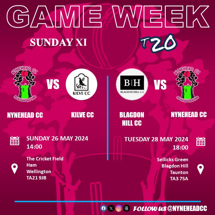 Game week!

We welcome Kilve CC to Nynehead on Sunday, and then the T20 side head to Blagdon Hill on Tuesday.

#NyneheadCC #Nynehead #Wellington #Somerset #somersetcricket #Taunton #cricket #cricketclub #villagecricket #clubcricket #cricketseason
#gameweek