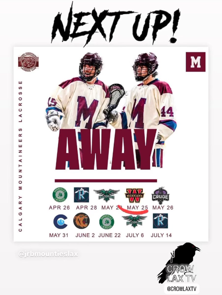 Next Up! 

Roadie to Edmonton for BTB games in the North Division starting tomorrow.

Watch Live on @crowlaxtv courtesy of the @RMLLWarriors & @CrudeLax 

#Mountaineerslax