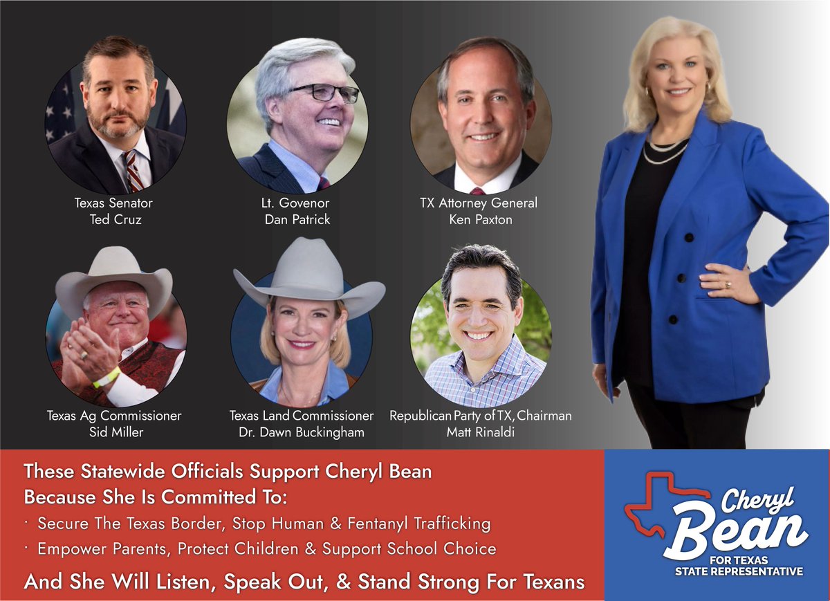 Vote May 28th. I am proud to have the support of these state legislators who believe I am the tough conservative choice. #Texas97th #txlege #CherylBean #schoolchoice #MakeTheTexasHouseRepublicanAgain #Election2024 #Runoff #securetheborder