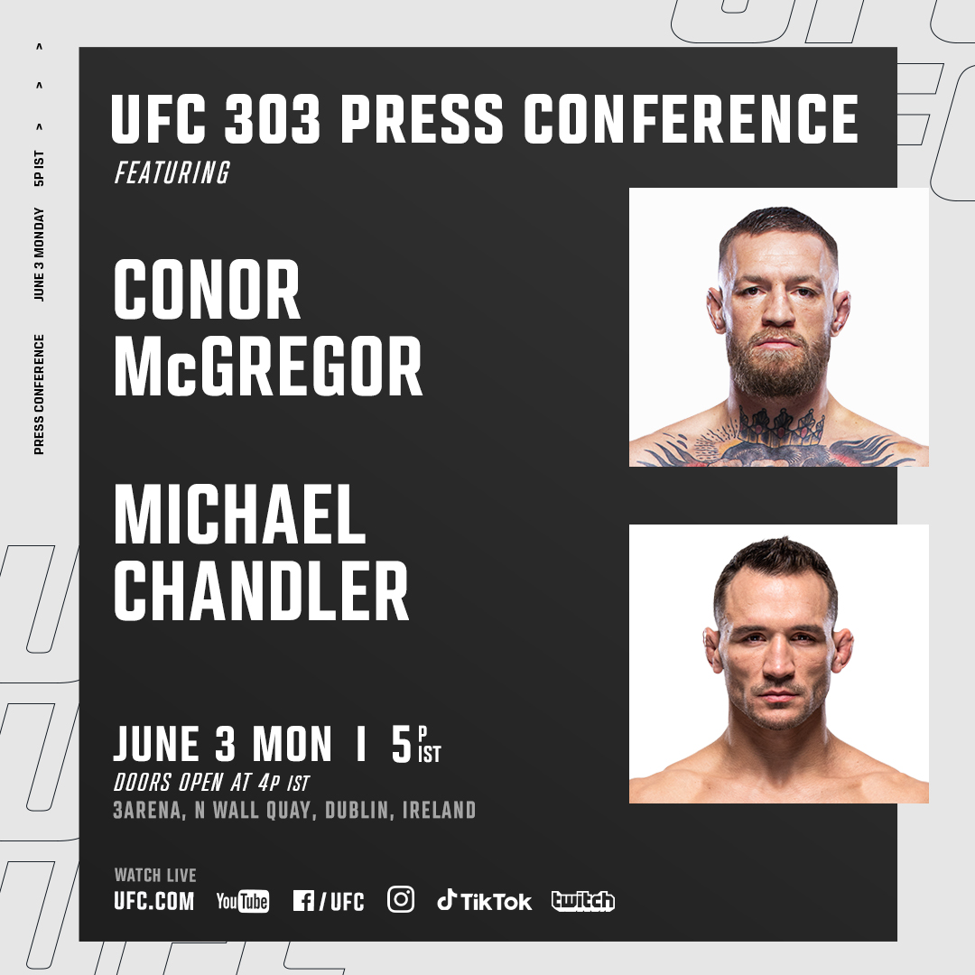 Get the mics ready 👀 Conor McGregor and Michael Chandler will meet LIVE in Dublin before #UFC303 🇮🇪 Press conference is FREE and OPEN to the public, see you there!