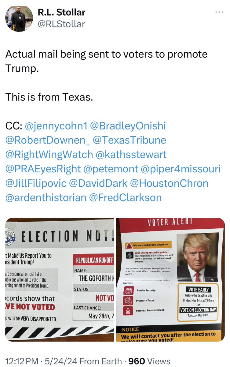 Holy sh#t. This seems like textbook voter intimidation. The flyers tell Texas Republican voters that if they abstain from voting, they will be reported to Trump. “We will notify President Trump if you don’t vote. You can’t afford to have that on your record.” via @RLStollar