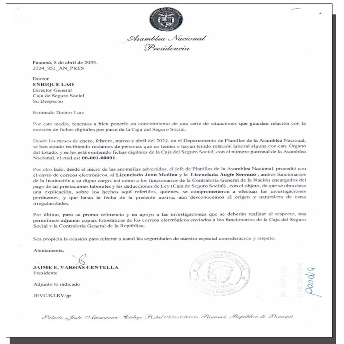 La Asamblea Nacional informa sobre notificación a la @csspanama sobre anomalías en emisión de fichas digitales. #tuvozimporta