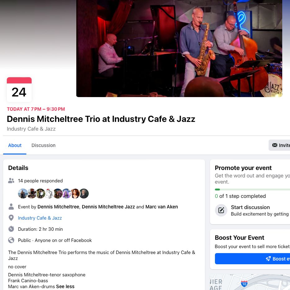 Tonite at 7pm in Culver City - no cover Industry Cafe & Jazz 6039 Washington Blvd Culver City CA 90232 310-202-6633 Dennis Mitcheltree, tenor saxophone Frank Canino, bass Marc van Aken, drums @IndustryCafe