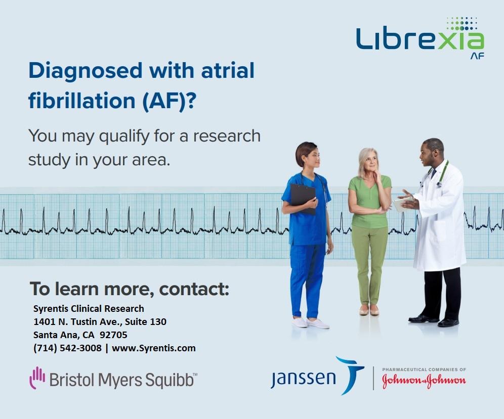 Join this clinical research study evaluating an investigational medication to reduce the risk of atrial fibrillation (AF or #AFib) complications. Call today!  (800) NEW-STUDY | Syrentis.com #Atrialfibrillation  #clinicaltrials #SyrentisClinicalResearch