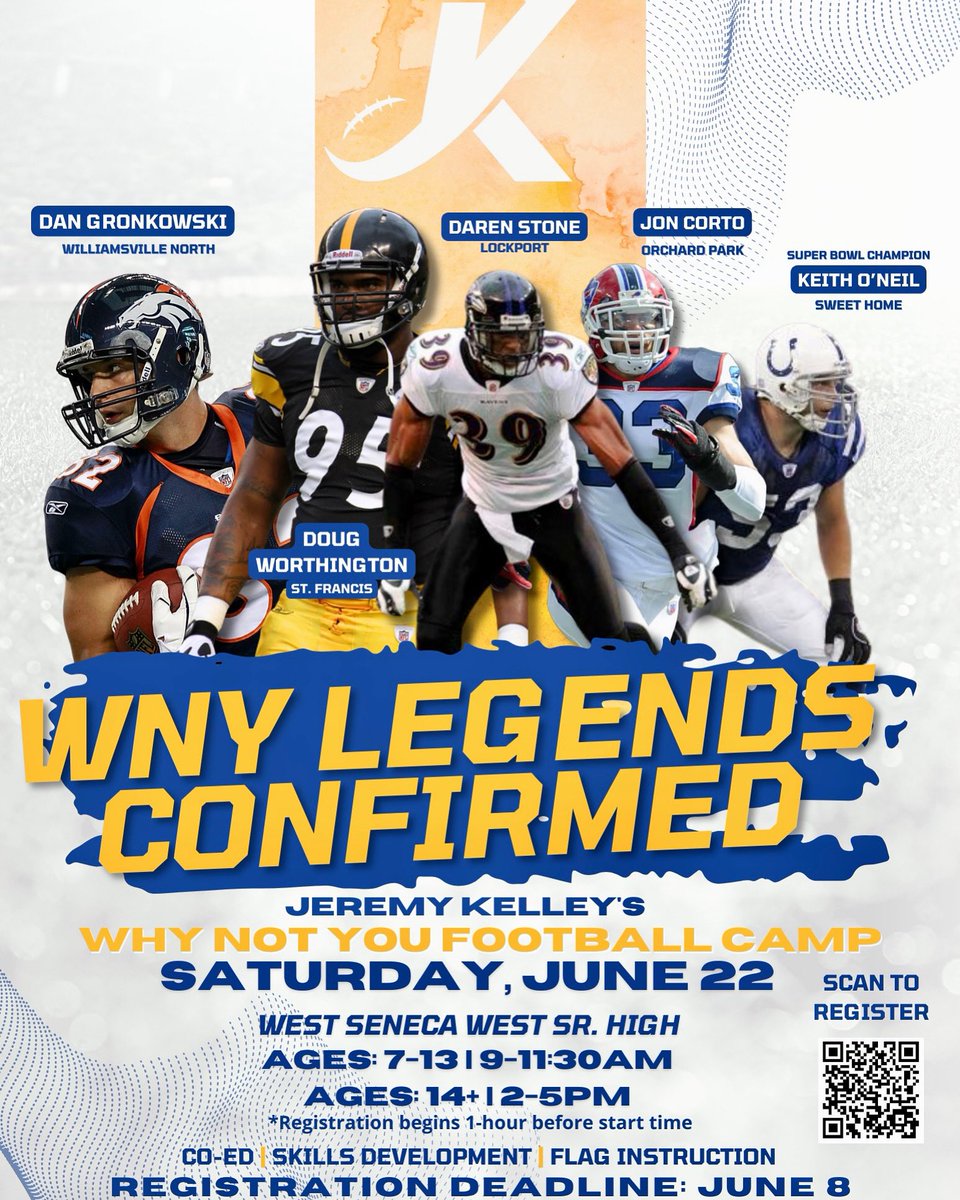 Straight outta WNY‼️ We’ve added to our star-studded coaching roster! These Western New York Legends are ready for June 22nd! #WNYcamp 🏈 Dan Gronkowski, TE 🏈 Doug Worthington, DL 🏈 Daren Stone, S 🏈 Jon Corto, Safety/LB 🏈 Keith O’Neil, LB 🔗: westseneca.revtrak.net/Registrations/?