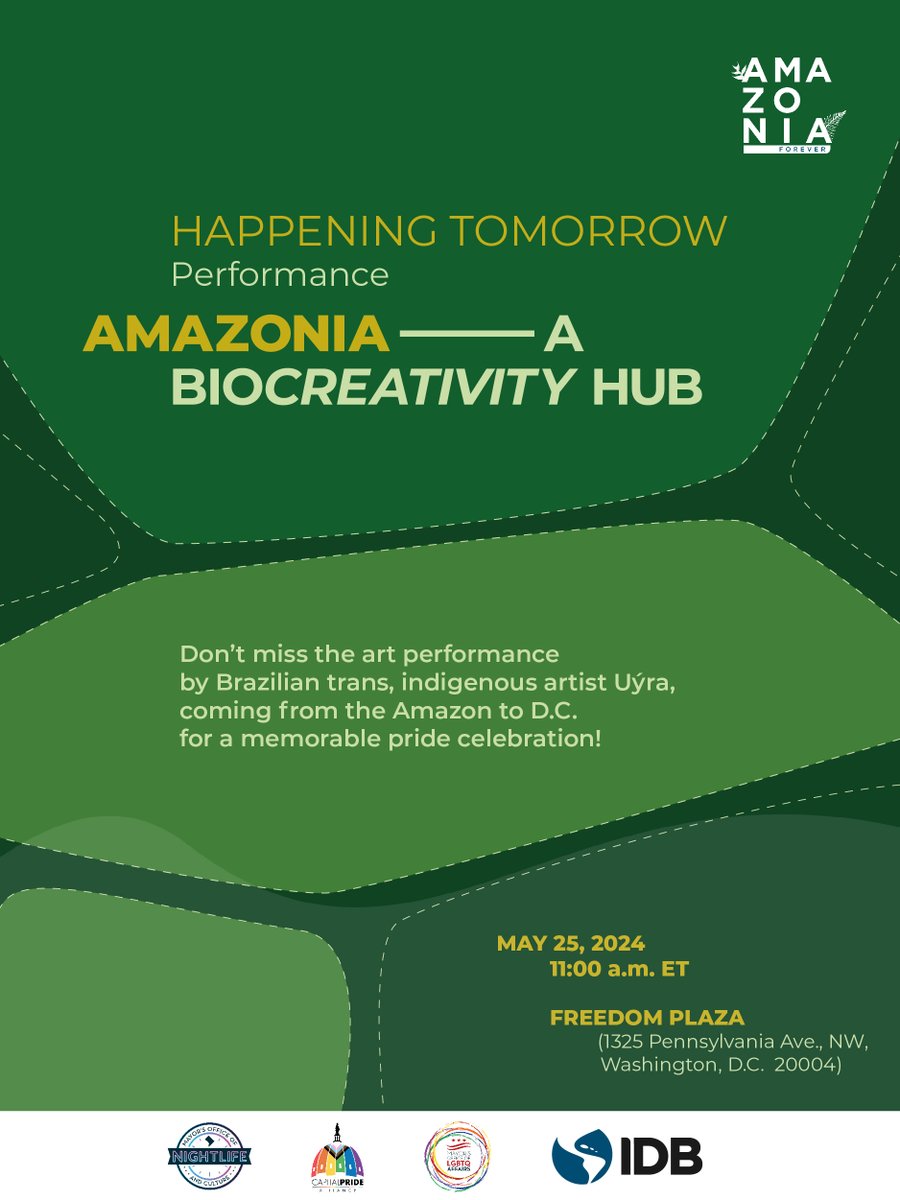 Happening tomorrow! On Sat., May 25, Brazilian trans, indigenous artist Uýra will present a powerful performance addressing nature’s resurgence. Join us at 11 a.m. ET at Freedom Plaza in Washington and let’s celebrate #pride, #creativity & #activism from the #Amazon region! 🌎🏳️‍🌈