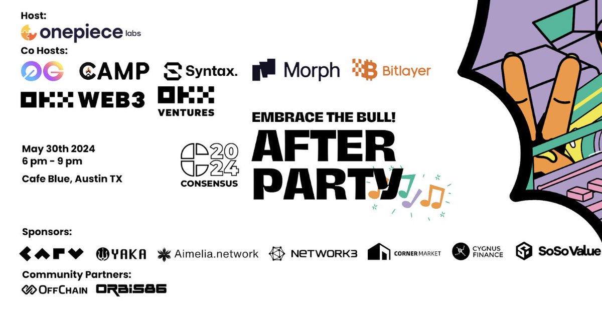 🎉🌟 HUGE ANNOUNCEMENT! 🌟🎉 Get ready to join us at the most epic party of the year - the 'Embrace The Bull - Consensus 2024 Afterparty' hosted by @OnePieceLabs! 🚀✨ 📅 Date: May 30th 🕕 Time: 6-9 PM CDT 📍 Find more details here: tinyurl.com/oplcon24