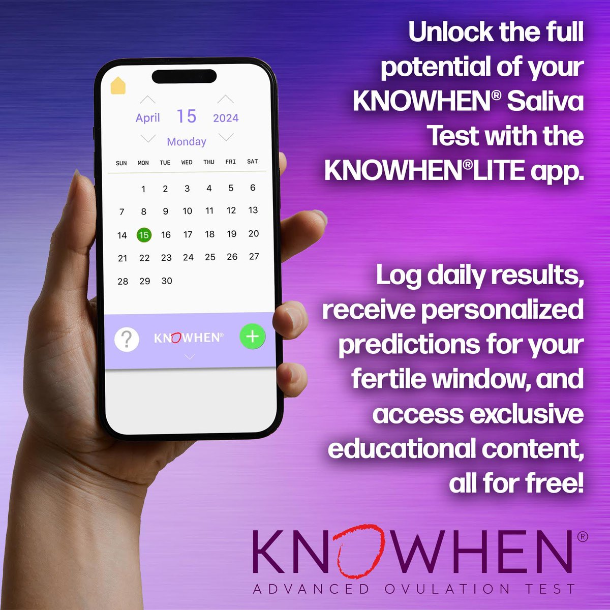 Knowhen's tweet photo. Unlock the full potential of your KNOWHEN® Saliva Test with the 
KNOWHEN®LITE app.Log daily results,receive personalized predictions for 
your fertile window,and access exclusive educational content,all for 
free!Download Now and Simplify Your Journey! https://t.co/exfA3DrSpv