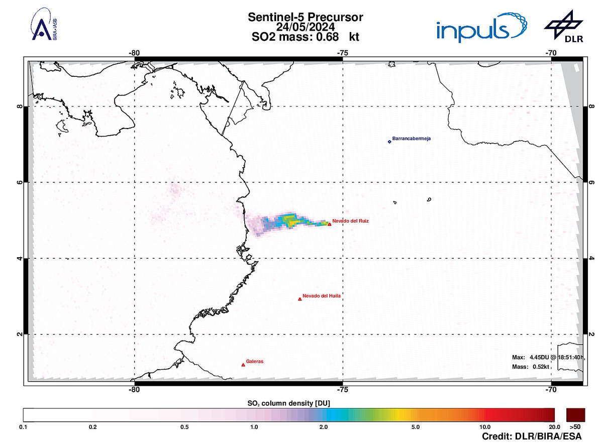 On 2024-05-24 #TROPOMI has detected an enhanced SO2 signal of 4.45DU at a distance of 102.2km to #NevadodelRuiz. #DLR_inpuls @tropomi #S5p #Sentinel5p @DLR_en @BIRA_IASB @ESA_EO #SO2LH