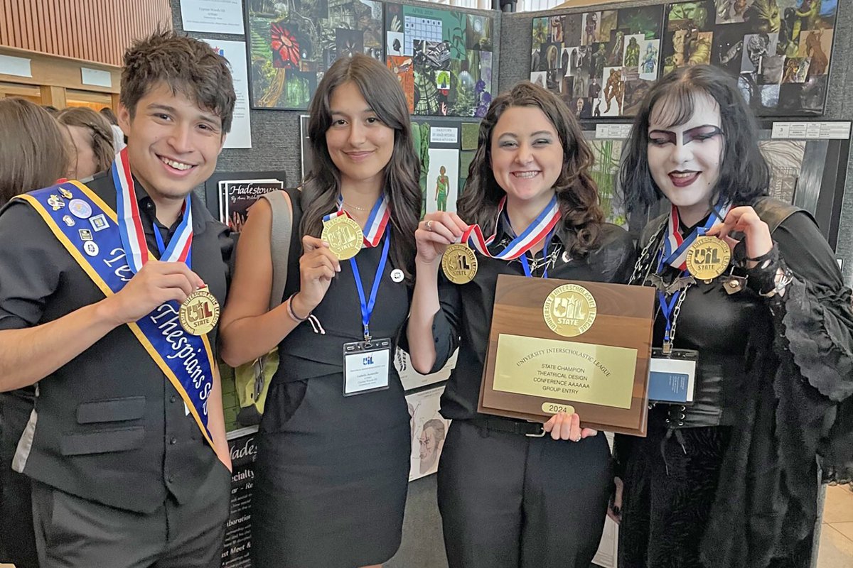 Congratulations to @CyWoods212 students Emily Hacking, Isabella Jaramillo, Megan Janger and Marcus Alfaro for winning the #UILState championship in Group Theatrical Design! cfisd.net/site/default.a… #CFISDspirit 🎉🏆