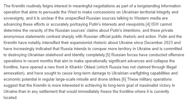 The Kremlin routinely feigns interest in meaningful negotiations as part of a longstanding information operation that aims to persuade the West to make concessions on Ukrainian territorial integrity and sovereignty... (1/3)