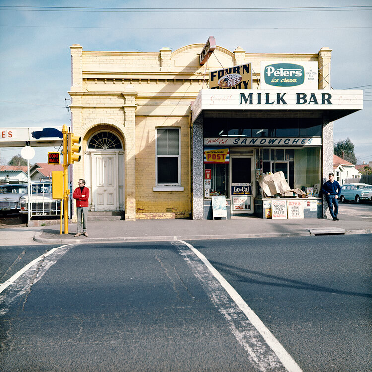 'Moon seems clean', 'Moon men are fit' – headlines outside a milk bar on the Nepean Highway in Brighton, Melbourne, c.1969 (photo by Angus O’Callaghan)