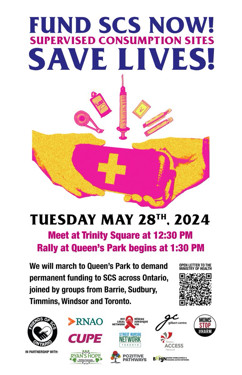 On May 28th, organizations and individuals from across Ontario are rallying at Queen’s Park to demand that government fund supervised consumption sites (SCS) and consumption and treatment sites (CTS) across the province. Learn more here: tinyurl.com/44cwccnv (via @RNAO)