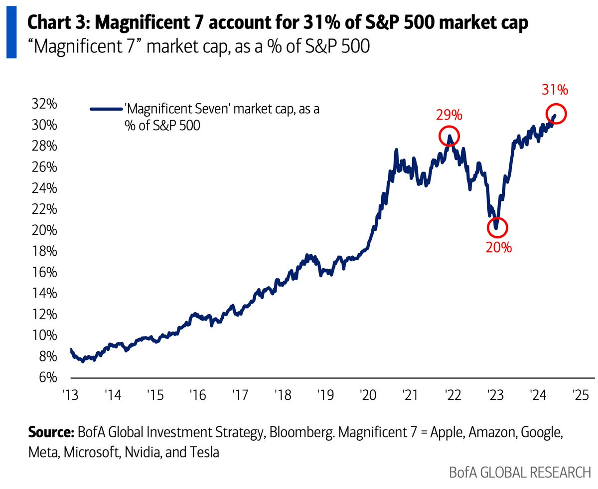 Magnificent 7 stocks now account for 31% of the S&P 500, an all-time high 🚨
