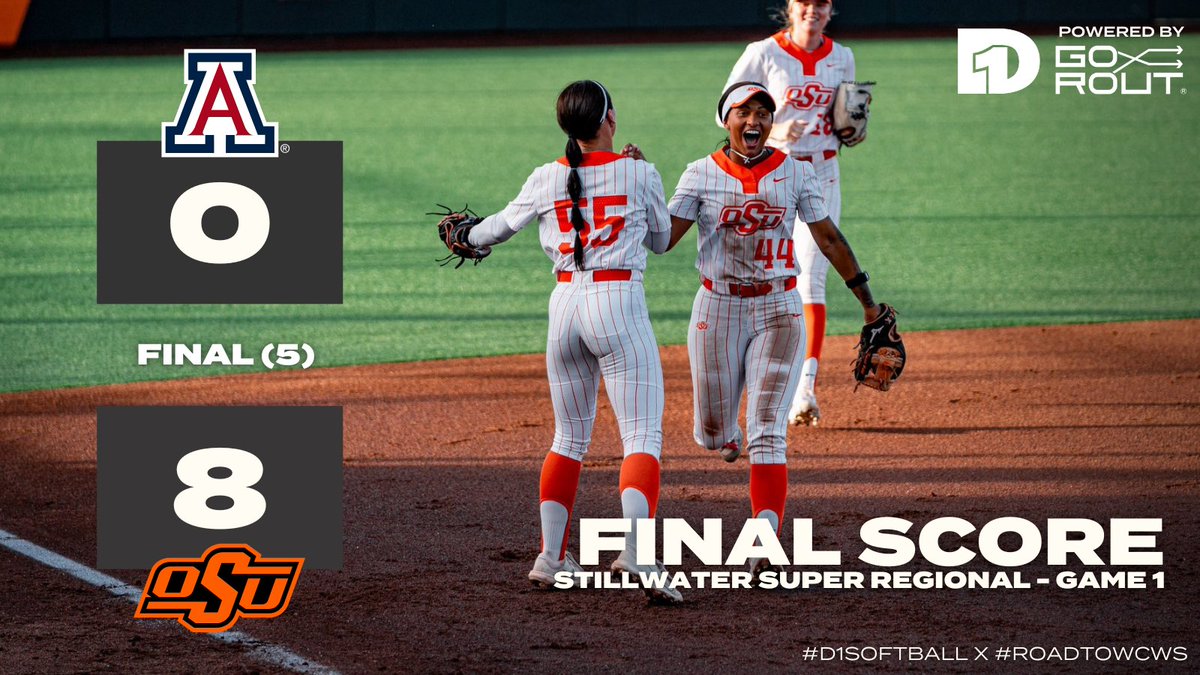 FINAL SCORE: Arizona 0, Oklahoma State 8 (5-innings) @cowgirlsb takes a 1-0 lead in the Stillwater Super Regional. Presented by @Go_Rout
