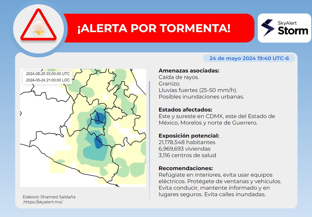 ⚠️⛈️🔴Última ALERTA por #tormentasevera, #lluvia y #granizo en #CDMX, #Morelos, este de #EdoMéx y norte de #Guerrero: La tormenta seguirá presente en el centro del país hasta las 23 horas (local), extendiéndose para las 21:00 hacia el norte de Guerrero. Toma precauciones.