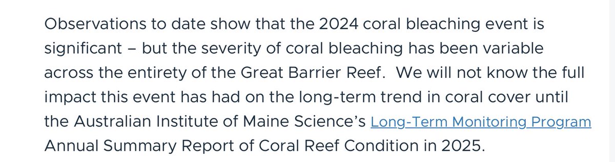 The latest official bland account of this year’s extreme bleaching and mass mortality event on 75% of the Great Barrier Reef concedes that it is….. “significant”. They’ll update us sometime in 2025! - long after the next meeting of the World Heritage Committee.