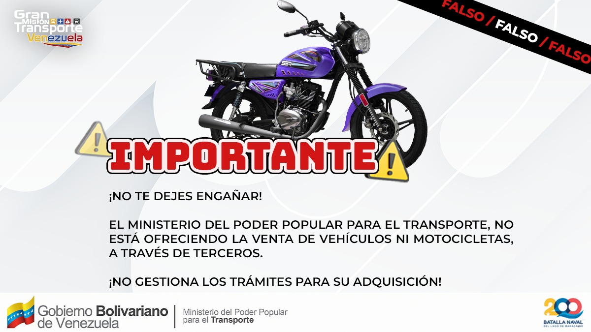 ¡Advertimos a nuestros usuarios sobre la creación de cuentas falsas para estafar a nuestro pueblo! @TransporteGobVe no está vinculado a los trámites para la adquisición de vehículos o motocicletas a través de fundaciones. ¡Busca a los agentes autorizados!