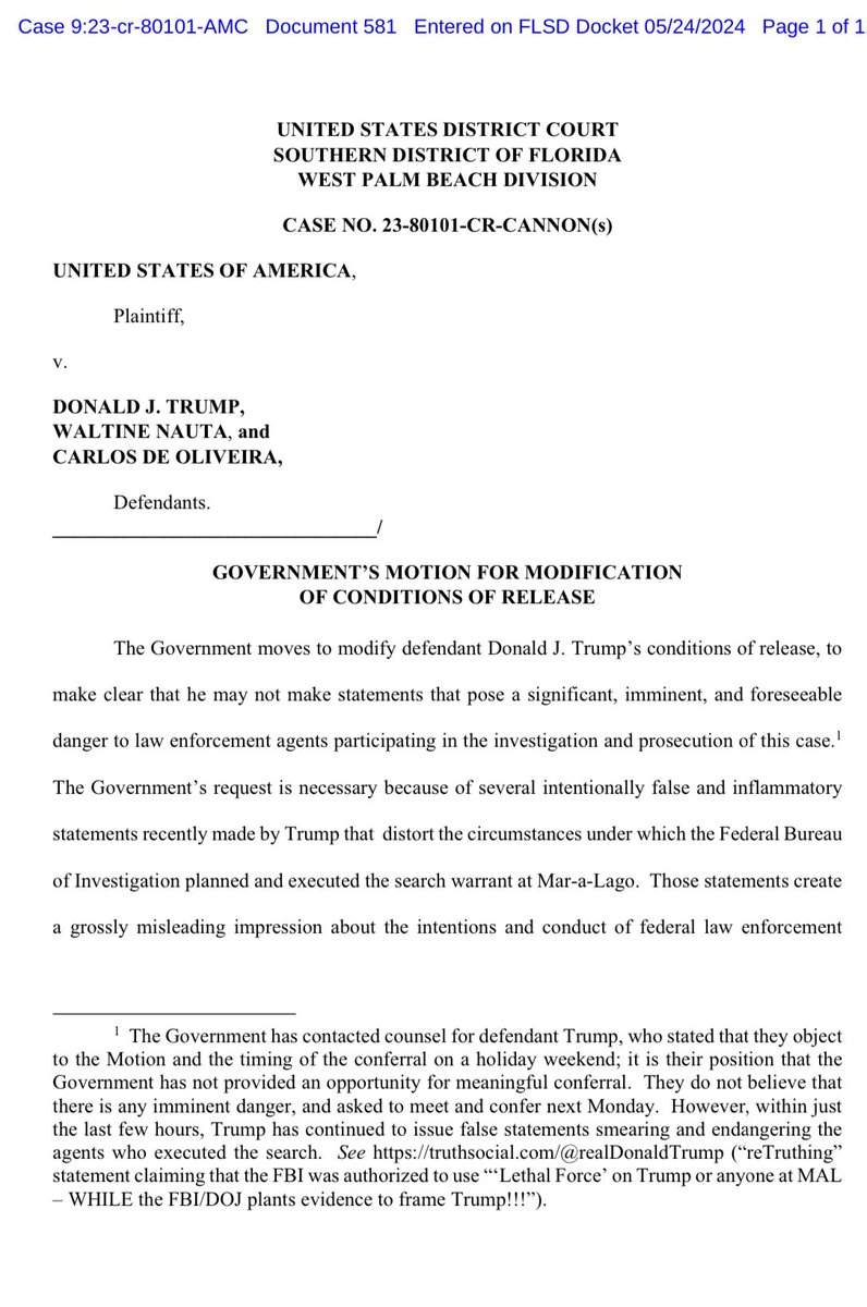 🚨There is no diplomatic way to put it: Jack Smith is a thug. @TheJusticeDept is out of control. They just filed this on the Friday of a holiday weekend to try to silence @realDonaldTrump from stating a fact—deadly force was authorized during the raid on MAL. ⬇️