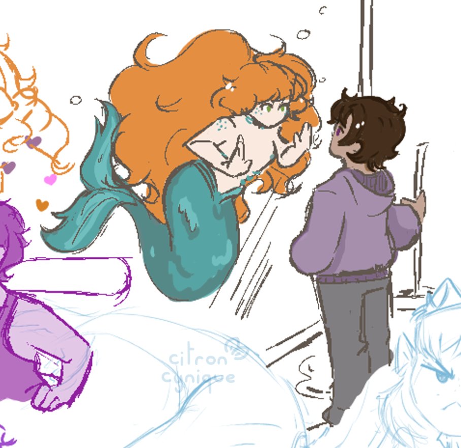 before mermay ends, I'd like to redraw this thing I doodled during one of the heathmael magma parties we did a while ago! they're so cute... 🐟🧡💜

#LCB78 #每日一78