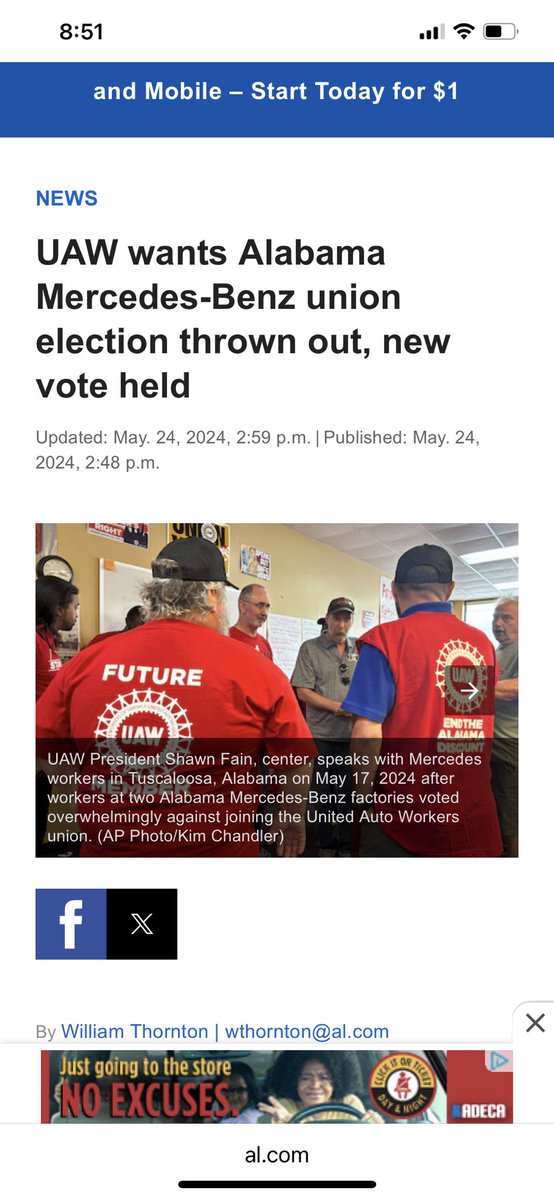 Alabama United Autoworkers Unionization Vote Fails.  

UAW is requesting the National Labor Review Board to investigate demanding a new vote.

I call these large Union organizations Mafia Strangleholds strong arming private corporations.  

“It’s not the first time a union has