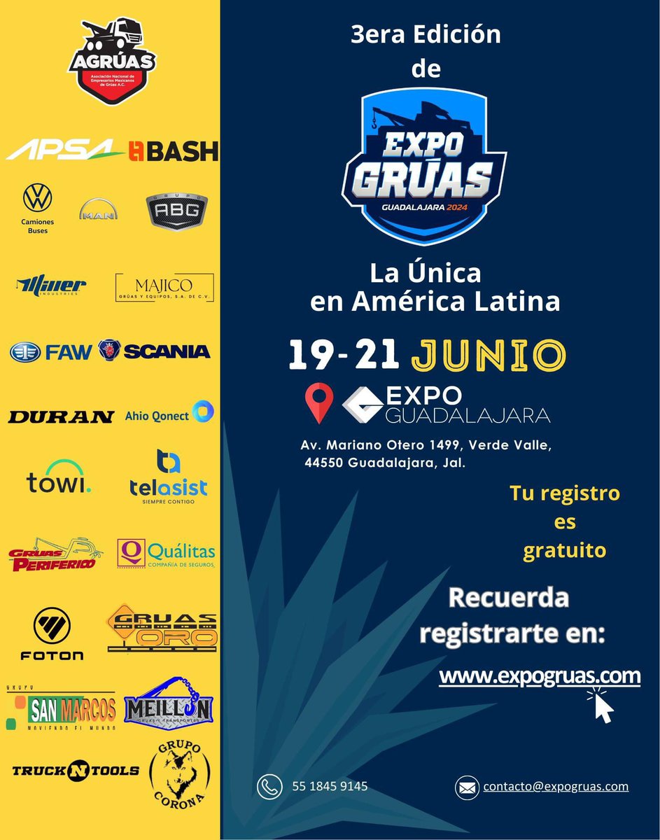EXPO GRÚAS GUADALAJARA 2024... 

❗️el evento de los grueros❗️

📅 19, 20  y 21 de junio
📍 En Expo Guadalajara, Av. Mariano Otero # 1499, col. Verde Valle, Guadalajara, Jalisco.

❗️REGISTRO GRATUITO❗️

solo ingresa a: expogruas.com

🪝No te lo puedes perder 🪝
