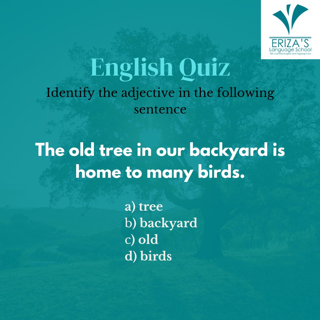 Eriza83546530's tweet photo. It's Quiz Time!

Start your English journey with Eriza's Language School! Message us to learn more.
🌐 https://t.co/Nmg5hJotwT

#erizaslanguageschool #languagelearning #learnonline #learnenglish #englishlesson #esltutor #englishforkids #esl https://t.co/Pa3yN7eghH