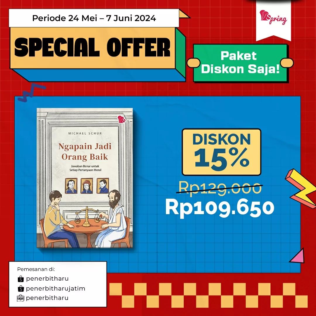 penerbitharu's tweet image. Ngapain Jadi Orang Baik sekarang sudah bisa kamu Pre Order mulai dari tanggal 24 Mei - 7 Juni 2024.

Buku ini akan membawamu menyelami berbagai konsep dasar filsafat moral supaya bisa bersikap keren sekaligus menjadi orang yang lebih baik.