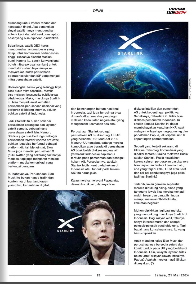 Alhamdulillah ternyata tulisan saya yg saya share di laman X  tentang Starlink beberapa hari lalu banyak dimuat di beberapa media online dengan perspektif dan tujuan berbeda beda. Saya memang menaruhnya di medsos biar bisa dimanfaatkan teman2 media. Terima kasih atas kesediaan
