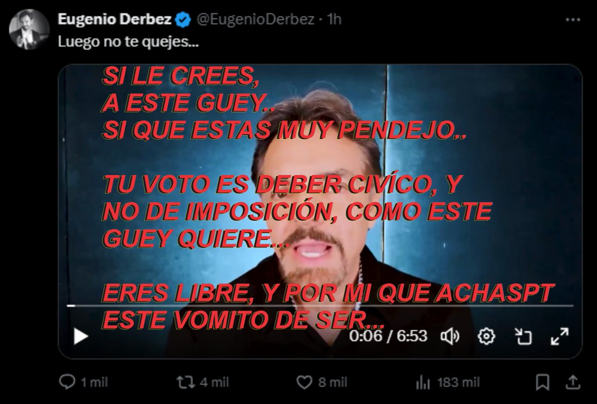 arturofenix71's tweet photo. @EugenioDerbez Creerle a un pesonaje que es comico, y que no vive en México... y que sale ahorita a vomitar su comentario, pues el clasico guey que le dieron apapacho.. https://t.co/vhPZgadUgZ