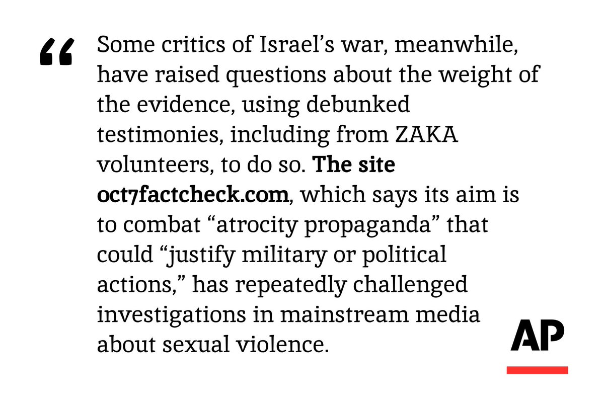 We’re proud of the work we’ve done to challenge mainstream media narratives about Oct 7th - thank you for the shoutout @APnews. A 🧵on our ongoing investigation into claims of systematic se*ual violence: