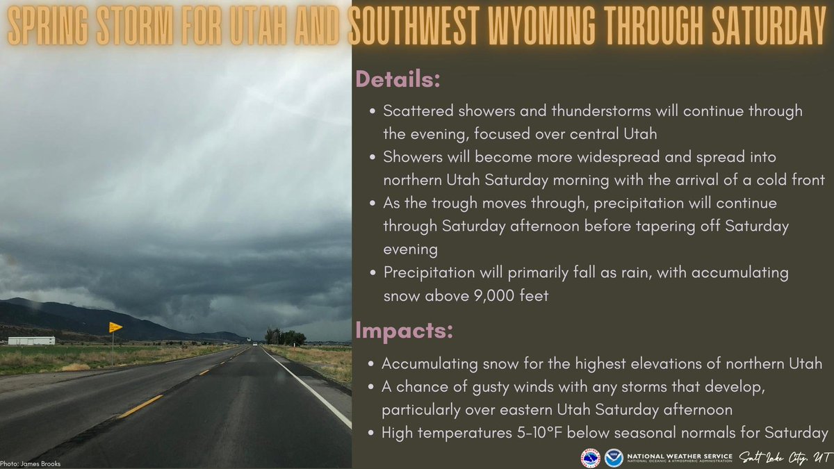 We'll see a spring storm impact the area through Saturday. Scattered showers will become more widespread and focused over northern Utah Saturday morning with the arrival of a front. Rain, with snow above 9,000 feet, will continue through Saturday afternoon. #utwx #wywx