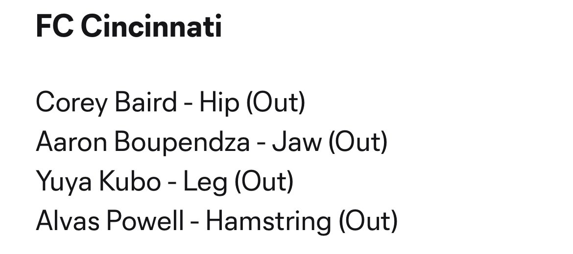 #FCCincy’s availability report lines up with what was expected based on  today’s training session and Pat Noonan’s updates yesterday.