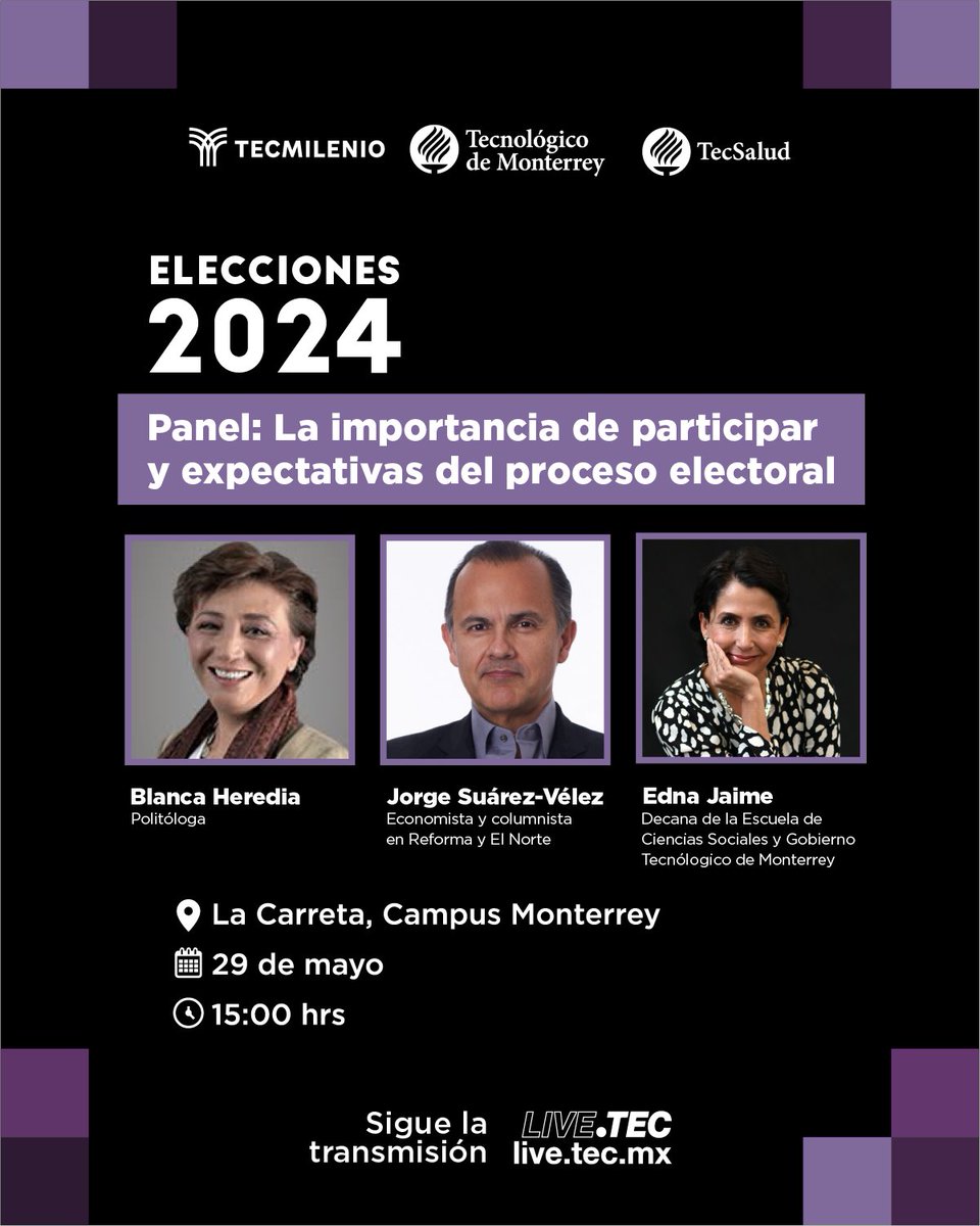Ya escuchamos a las candidatas, ya hemos oído a los partidos, es momento de escucharnos como comunidad del <a href="/TecdeMonterrey/">Tecnológico de Monterrey</a>. 

<a href="/BlancaHerediaR/">Blanca Heredia</a>, <a href="/jorgesuarezv/">Jorge Suárez-Vélez</a> y yo estamos listos para recibirles y hablar de lo importante: ejercer un voto libre e informado➡️ live.tec.mx/events/panelel…
