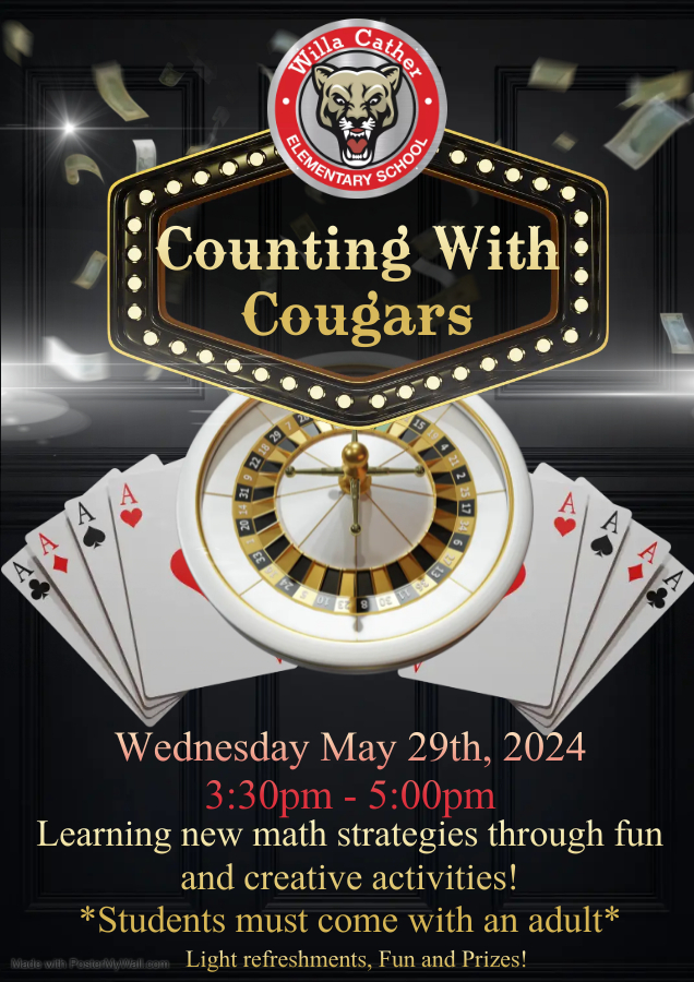 Families! Join us on Wednesday May 29th at 3:30pm to learn new math strategies and concepts through fun!

#CatherCougars #Math #Fun #Thebestarewithcps