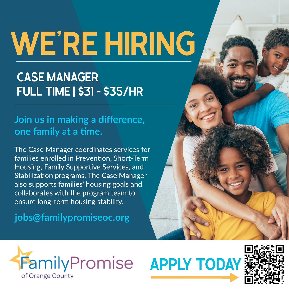 ocfamilypromise's tweet image. We&apos;re Hiring! Full Time - Family Promise Case Manager

💼 Position: Family Promise Case Manager
📍 Location: Orange County
❤️ Role: Provide support and guidance to families on their journey to stable housing. 

Apply today! indeed.com/m/viewjob?jk=5…