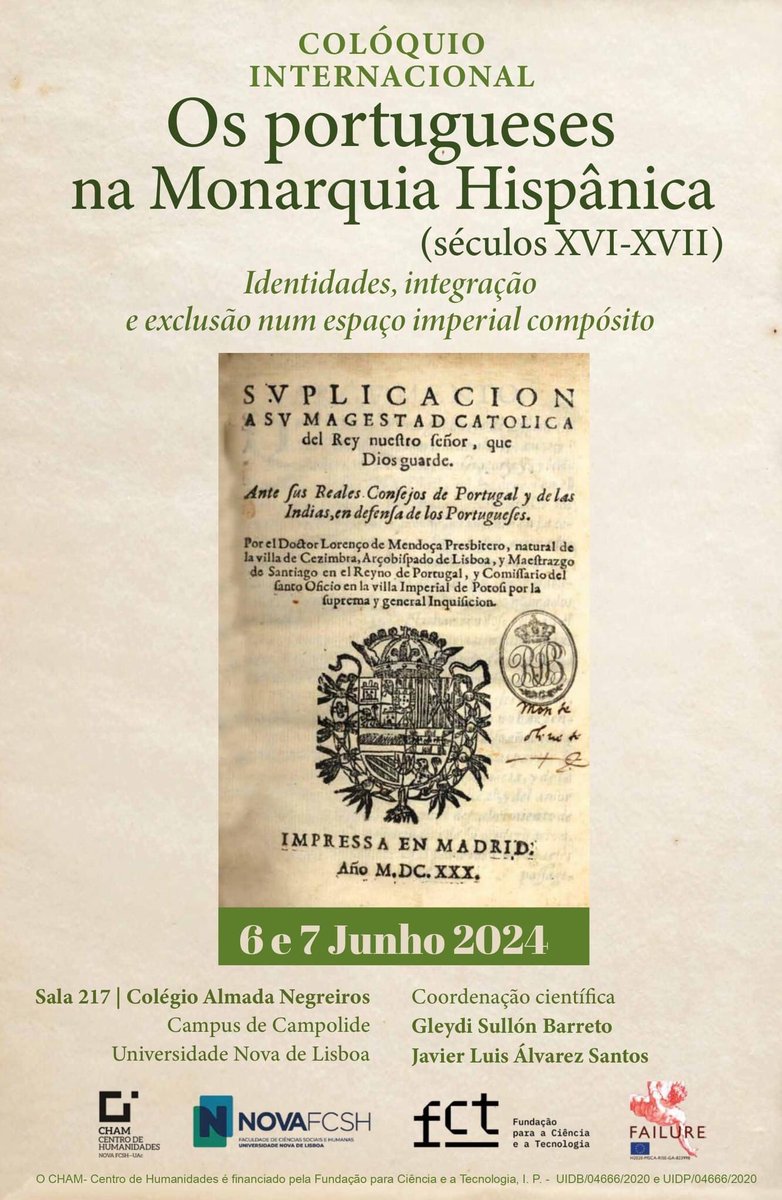 GrupoModerna's tweet photo. COLOQUIO INTERNACIONAL "Os portugueses na Monarquia Hispânica (séculos XVI-XVII): identidades, integração e exclusão num espaço imperial compósito"
6 y 7 de junio
Programa: https://t.co/JxXrT7SMcX
Organiza: CHAM - Universidade Nova de Lisboa, con el apoyo del proyecto FAILURE. https://t.co/1fP9lx2pai