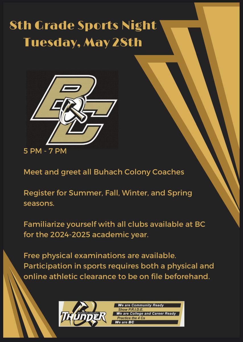Help spread the word about 8th grade sports night on May 28th! Students have the opportunity to receive free physicals with parent or guardian present. This is a great opportunity to meet coaches and find out summer workout dates! ⚡️⚡️⚡️