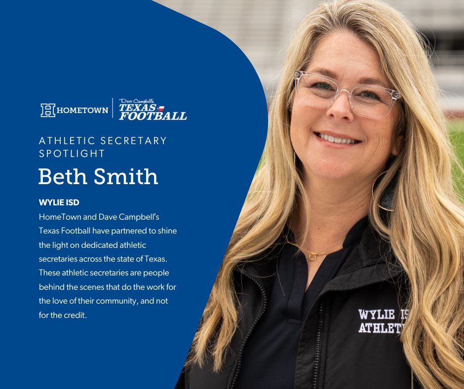 Beth Smith of Wylie ISD is up for the @HomeTownTix Athletic Secretary Spotlight Award Winner of the Year! VOTE NOW!! Voting = unlimited until June 5th VOTE: texasfootball.com/athletic-secre... @WylieISD @WERaiderFB @wyliebulldogsFB @WERaiderBB