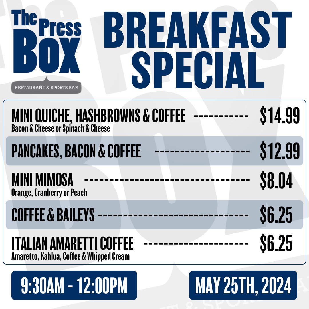 🚨 Attention 🚨

Due to the annual WPS Ride for Dad on Saturday May 25th, 2024, there are expected DELAYS around our facility from 10:00AM to 11:00AM.

Join us on the 2nd floor in The Press Box for our breakfast special 9:30AM - 12:00PM!