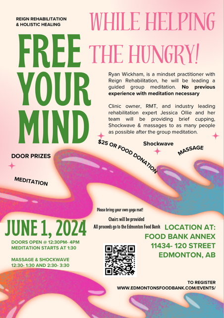 Reign Rehabilatation Presents: Free Your Mind While Helping Feed Those in Need! Ryan Wickham is a meditation practitioner and will be leading this guided meditation. Previous experience with meditation is not at all necessary. #yeg #edmonton #yegevents loom.ly/BWJXKdI