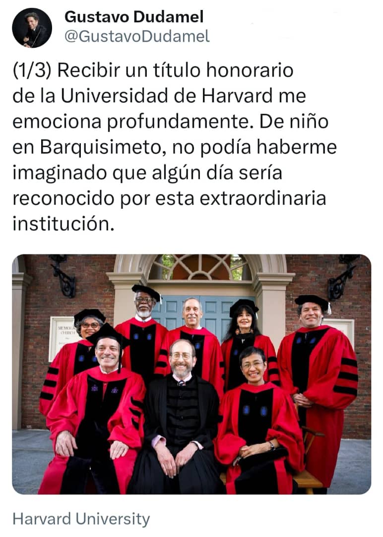 ¡Honor para Dudamel 🇻🇪!, @GustavoDudamel, el director de orquesta venezolano recibió un título honorario 📃 de la Universidad de Harvard y lo dió a conocer en su cuenta de X 🤩⬇️. Sintoniza #ALAIRE en circuitolider.com y tun.in/se9W3 y entérate de más 👀.
