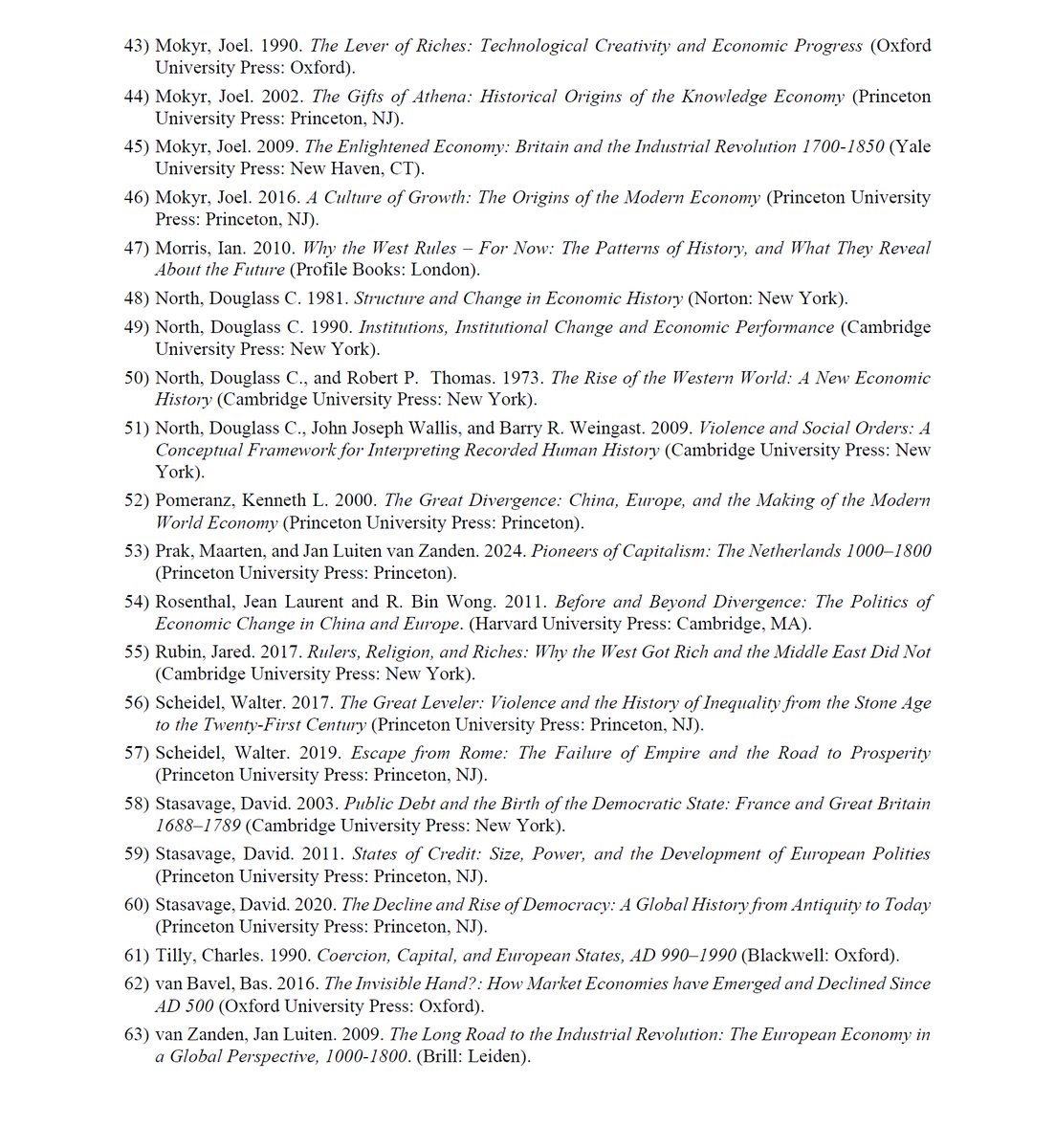 For my Path to the Modern Economy course, I read four "big think" books with students on why certain parts of the world became rich and others did not

They then do a group project where they have to read one of the books from the list below. Am I missing anything??