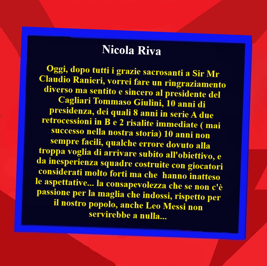 Il messaggio di Nicola Riva 'figlio del mitico GIGI' dopo il finale di campionato e il saluto a Sir Ranieri 👇