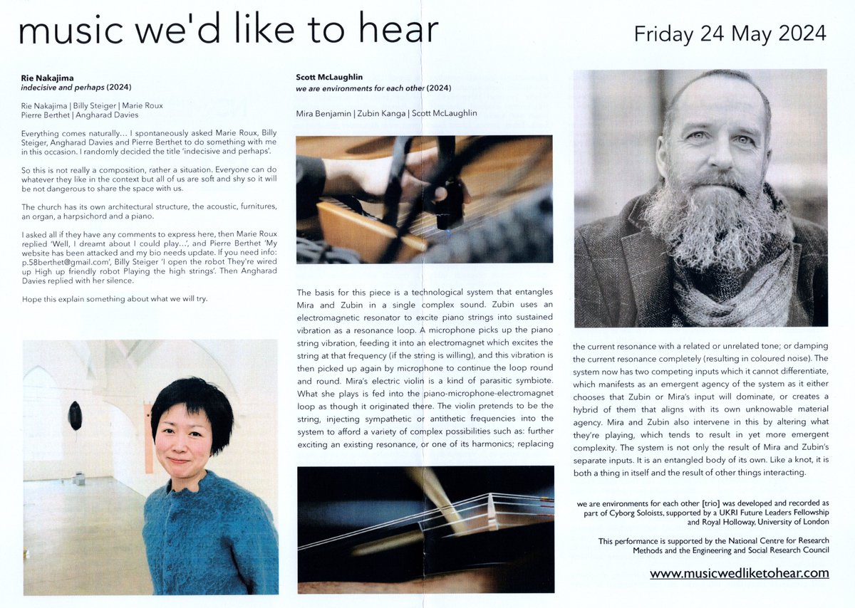 Excellent evening's listening at @mwlth - the outward facing improv from Rie Nakajima & her chosen people of the first half followed by the inward facing Scott McLaughlin piece 'we are environments of each other' featuring the violin of @mirabenjy & electronics from @ZubinKanga.