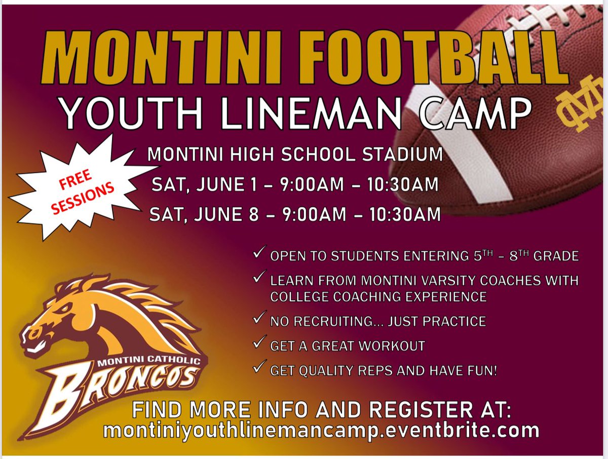🏈🐴 YOUNG BRONCO FANS! 🏈🐴 The @MontiniFootball coaching staff is holding a FREE youth lineman camp! Come learn and have fun! Sign up link below! GO BRONCOS! #TeamFirst 6/1 camp: montiniyouthlinemancamp.eventbrite.com 6/8 camp: …ntiniyouthlinemancamp1.eventbrite.com