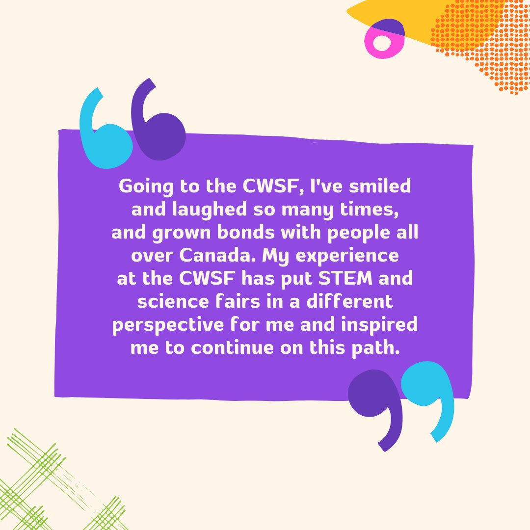 ysc_sjc's tweet photo. 🌟 Get ready for #CWSF2024! 🌟
"Going to the CWSF, I've smiled and laughed so many times, and grown bonds with people all over Canada."
What are you most excited about for this year’s fair? Share with us! 💡🔬 #YouthInSTEM #ScienceFair https://t.co/tJsHjeOGys