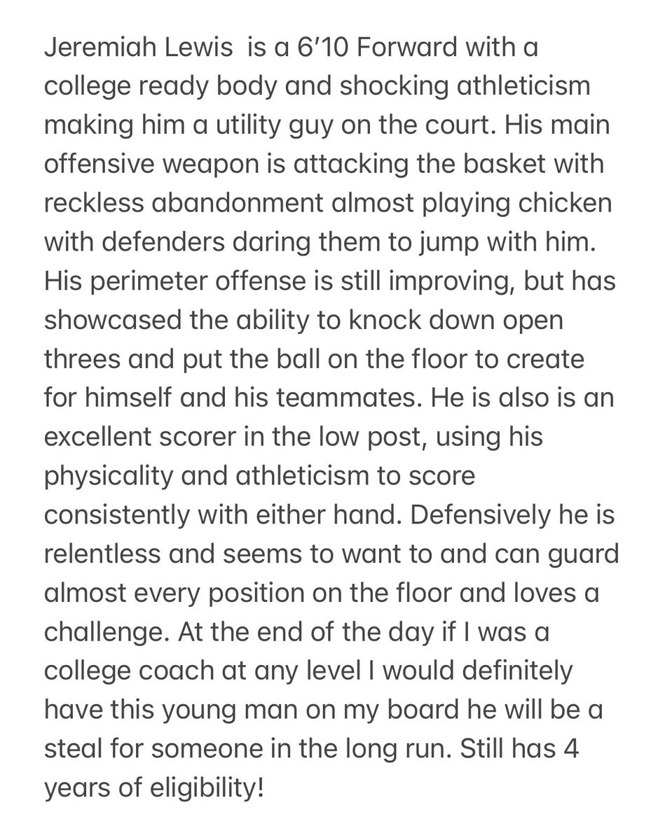 (Still Available) 

Jeremiah Lewis 
Height: 6’10
POS: F
Calling Card: Workhorse 
Current Offers: Oxnard College, Dupage College, Park College, Enterprise State, Centralia College