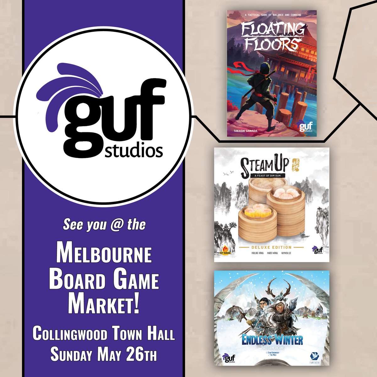 Melbourne, what are you doing tomorrow? We'll be at Melbourne Board Game Market this Sun 26th May at Collingwood Town Hall. We'll have our upcoming game #ForgottenStories, as well as our well-loved games, #FloatingFloors, #SteamUp and #EndlessWinter. See you soon!